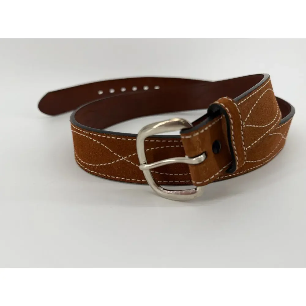 Suede Leather Western Belt Stitching Cowboy Rodeo Silver Buckle Size 44